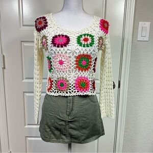 Debut Women’s Crochet Multi Colored Bohemian Festival Cropped Blouse Size XS